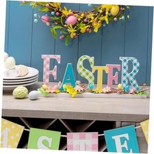 Plaid Wooden Easter Table Sign Decor with Flowers and Easter Bunny Sign