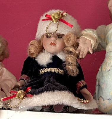 Porcelain Girl Doll Blonde Curly Hair Brown Eyes Black & White Dress White Hat