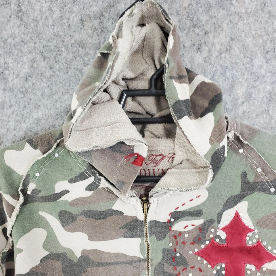 Cowgirl Tuff Hoodie Womens Medium Green Camo Full Zip Red Cross Graphic Studded - Image 2 of 4