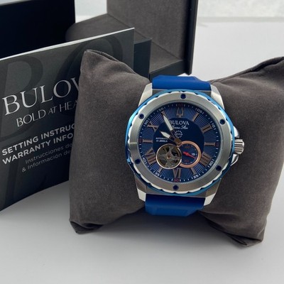 Bulova Marine Star 98A282 Men s Automatic Watch Blue Dial Silicone Strap 45mm