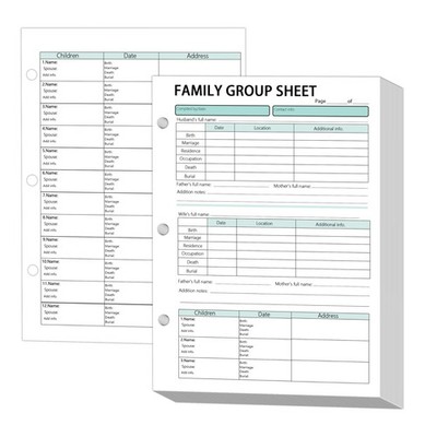 3 Hole 12th Generation Family Group Sheets,Two-Sided 8.5 x 11 inches, white 