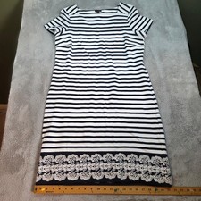 Talbots Sheath Dress Womens L Striped Lace Trim Square Neck Navy Blue White 80ch