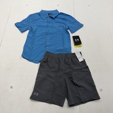 Under Armour Shirt Shorts Set Boys 6 Blue Gray Collared UPF 50 2 Piece Outfit