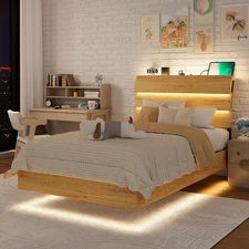 Floating Bed Frame Twin with Led Lights and Charging Station, Wood Full Size Bed