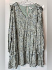 Heyson NWT Floral Paisley Mini Dress Large Sage Green Boho Long Sleeve Flowy