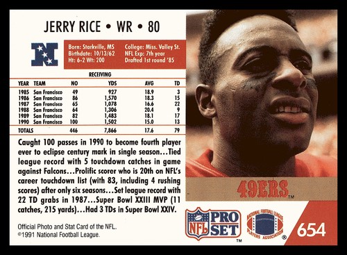 1991 Pro Set Jerry Rice San Francisco 49ers #654 | eBay