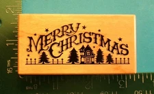 PSX Designs E-300 MERRY CHRISTMAS Rubber Stamp House Pine Trees Scene