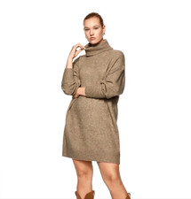 Mango Women's Taldora Turtle Neck wool blend Oversized Sweater Dress Brown S NWT