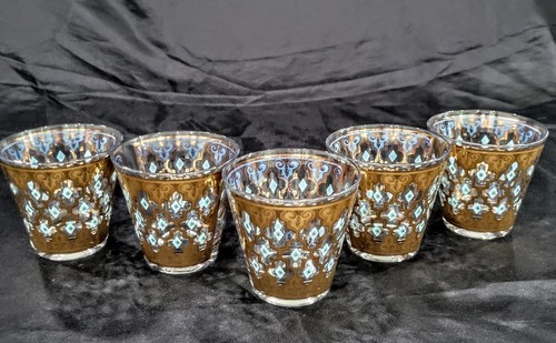 Culver Glass Old Fashioned Set Of Five Seville? Or CUV30 Gold Turquoise Diamond - Picture 5 of 6