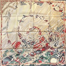 Authentic Hermes De la Mer au Ciel Silk Scarf 90cm 35" Black Beige Blue Red Grey