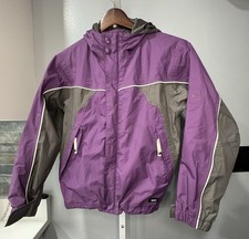 REI Kids E1 Elements Hooded Rain Jacket Purple Gray Youth M 8/10