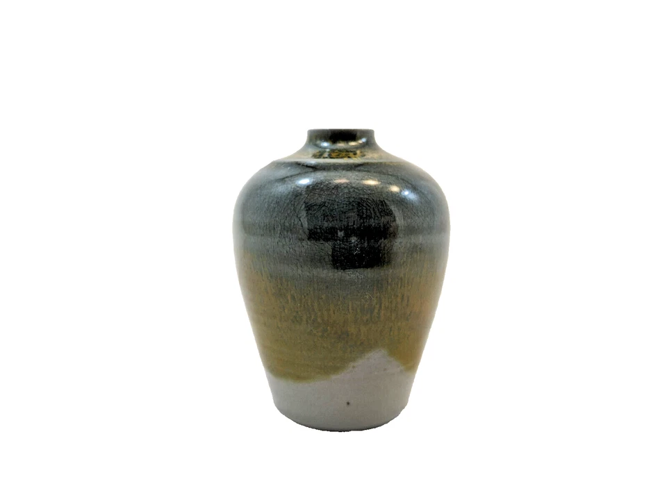 Jarrón pequeño esmaltado vintage gris dorado verde coleccionable 2,75" Foto 4 de 4