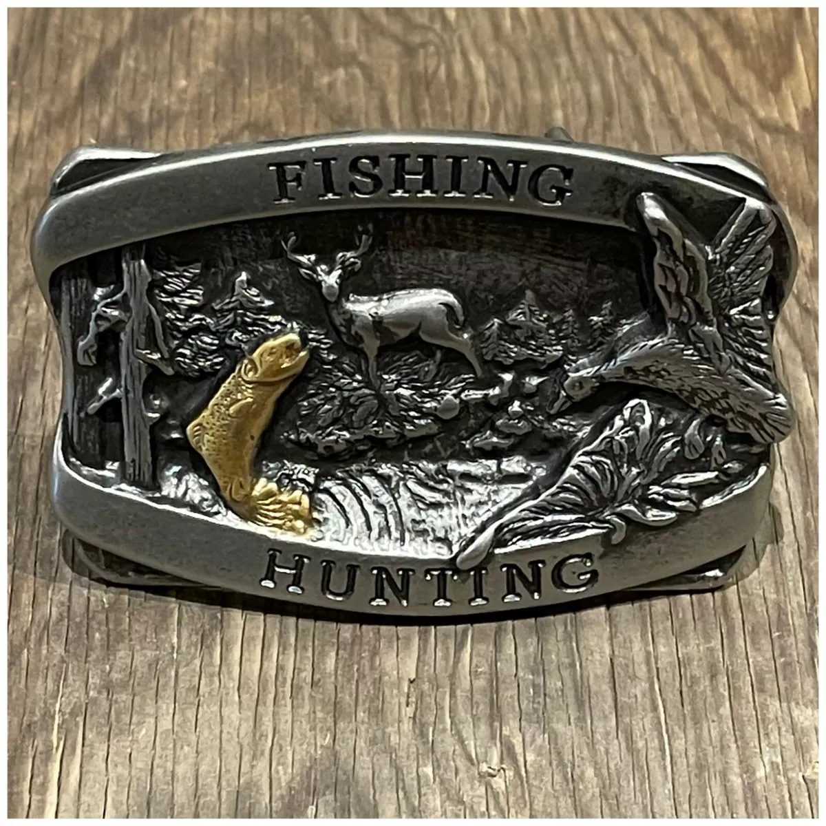 Vintage Fishing X hunting Brass belt buckle