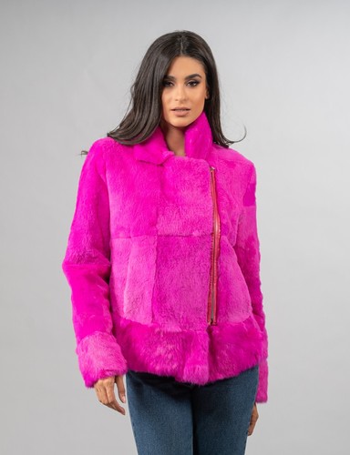 Modern fuchsia real rabbit fur biker jacket with a diagonal zipper closure. - Picture 2 of 8