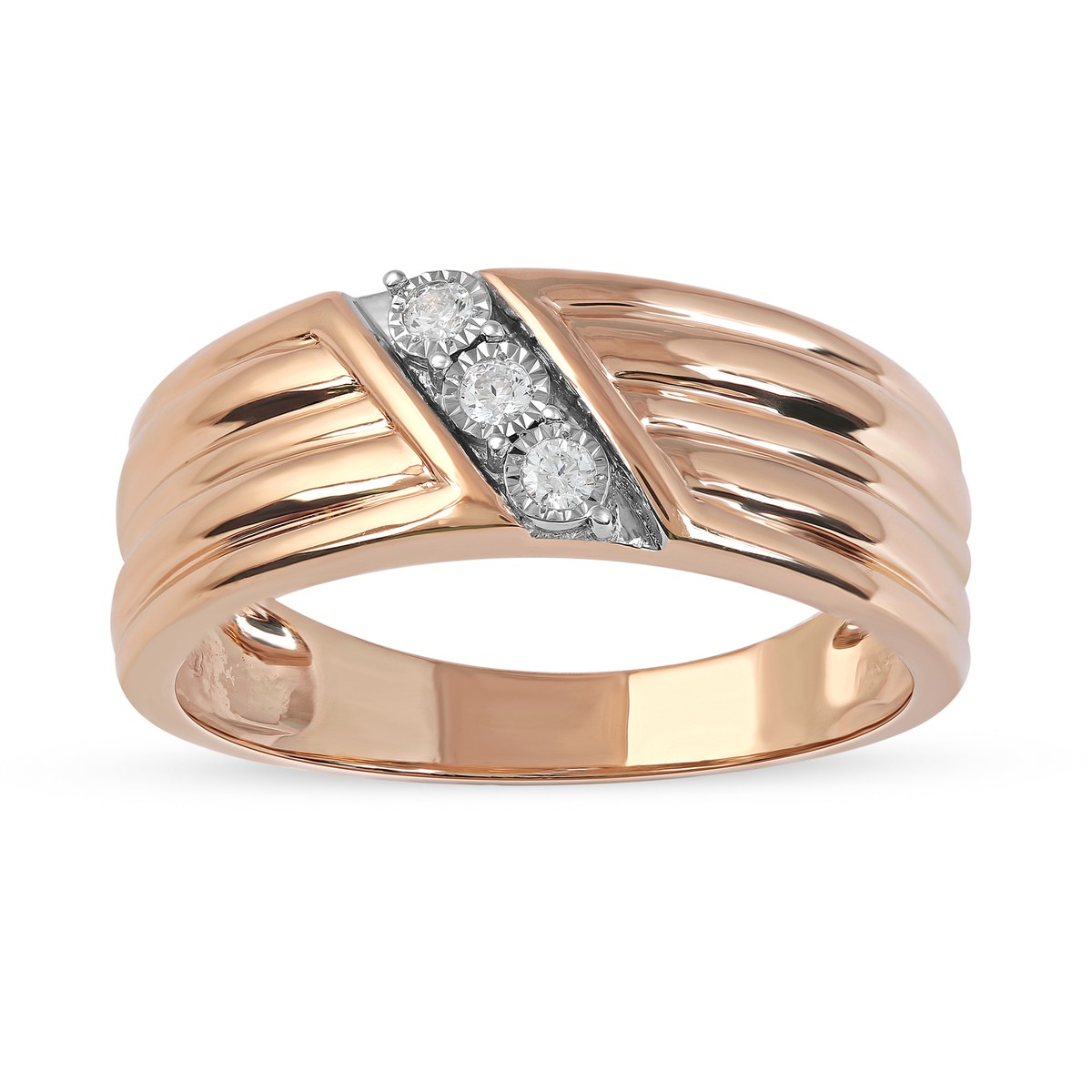 10K Rose Gold TW Diamond Three Stone Slant Row Men's Ring - Main Image