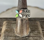 Vintage Southwestern Sterling Silver Multi Stone Coral Turquoise MOP Ring Sz 7