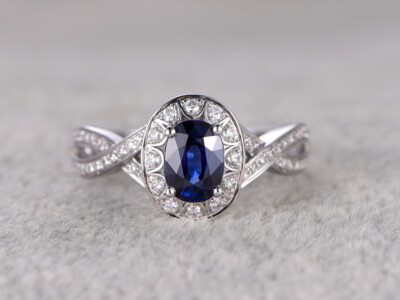 1.15 Ct Natural Oval Cut Sapphire & Diamond Engagement Ring 14k Solid White Gold