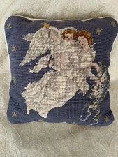 Needlepoint Velvet C & F Enterprises Pillow Angels Child Woman Christmas Blue 9"