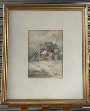 Lovely 19thC Watercolour Of A Winter Cottage Landscape Scene By Amelia Coleman