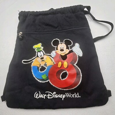 Walt Disney World Drawstring Backpack 13x16 Micky Mouse Pluto Black Canvas 2008
