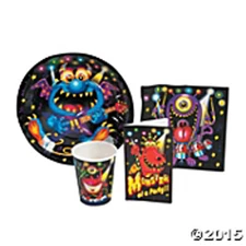 MONSTER BASH Birthday Party Supply Set Kit w/ Plates,Napkins, Cups & Invites