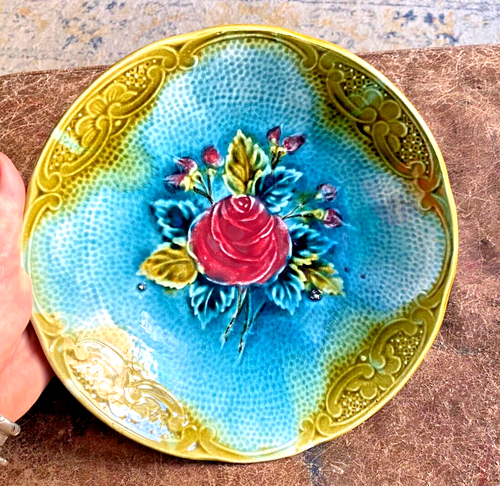 Great Antique Majolica Green Teal Pink Roses Wasmuel ? 9.25" Bowl