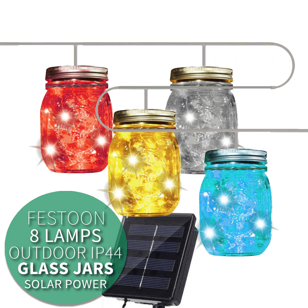 8 Solar Glass Jar Coloured LED Festoon Garden String Lights Fairy Outdoor IP44