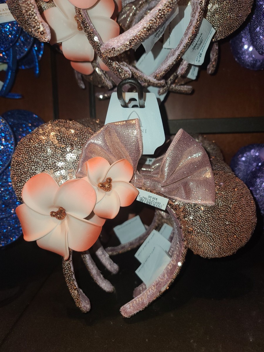 NWT Disney Aulani Rose Gold Sequin Plumeria Minnie Ears NWT AULANI Disney Hawaii Plumeria Ears Sequin Rose Gold  main image 4