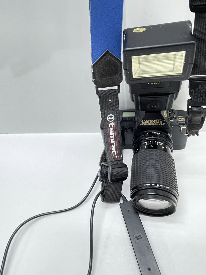 Canon T70 35mm SLR Camera W/ Macro Lens Remote Switch Flash Works Tested - Image 4 of 4