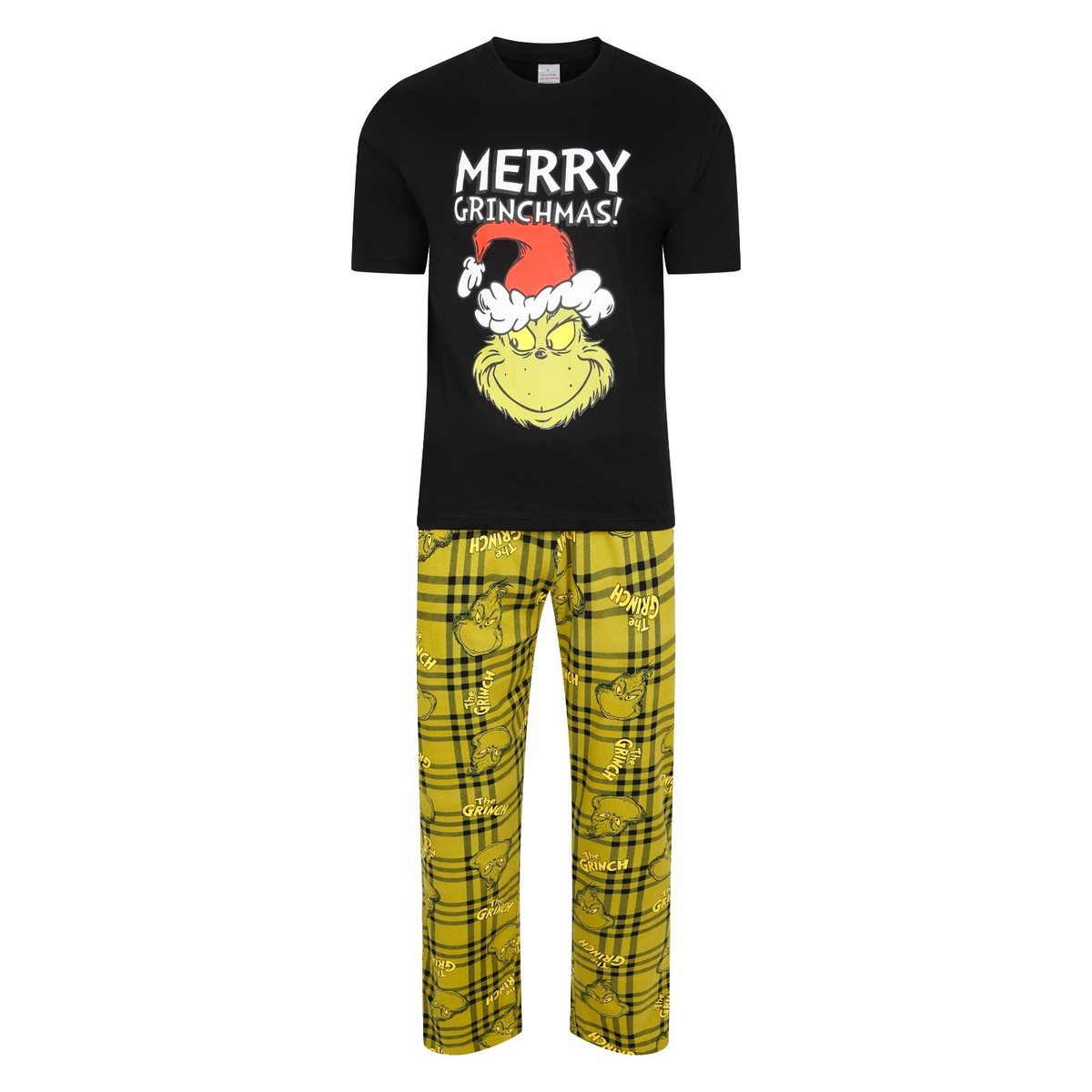 Mens The Grinch Christmas Pyjamas PJ Set Night Wear Xmas M-XXL Black/Check  New