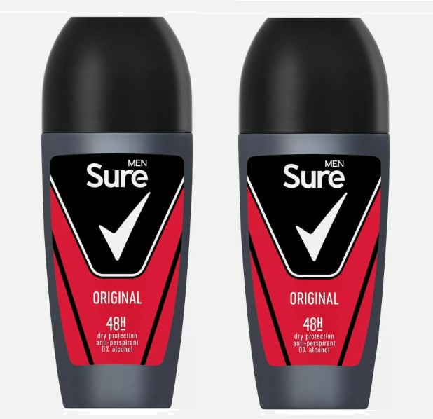 2 x Sure Men Original Dry Anti-Perspirant Deodorant Roll On, 50ml