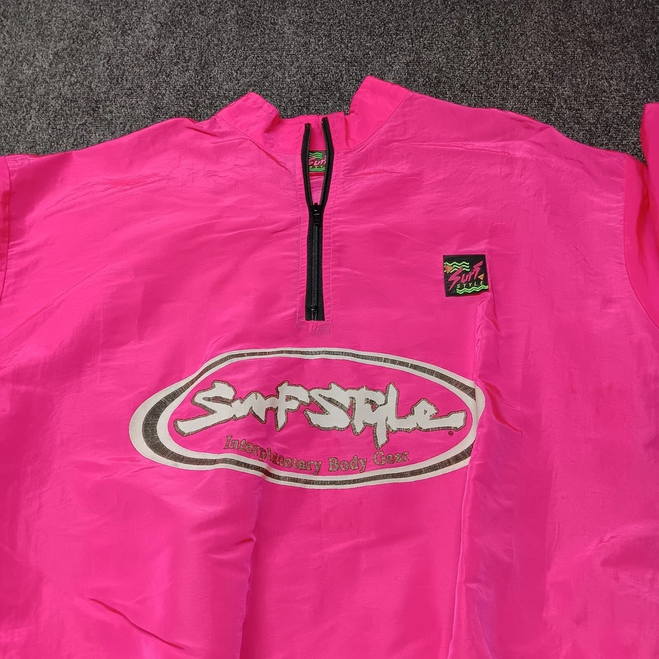 Vintage Surf Style Windbreaker Jacket Adult One Size Hot Pink 90s 1/4 Zip - Image 2 of 4