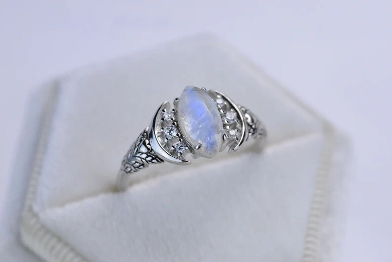 Moonstone Engagement Ring Silver Womens Ring Gift For Wife Wedding Ring-image