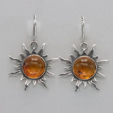 Genuine Cognac / Brown BALTIC AMBER Sun Earrings STERLING SILVER Leverback 7203e
