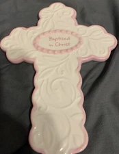 Ceramic Baptism Wall Cross, Baptized In Christ, White And Pink, Never Been Used.