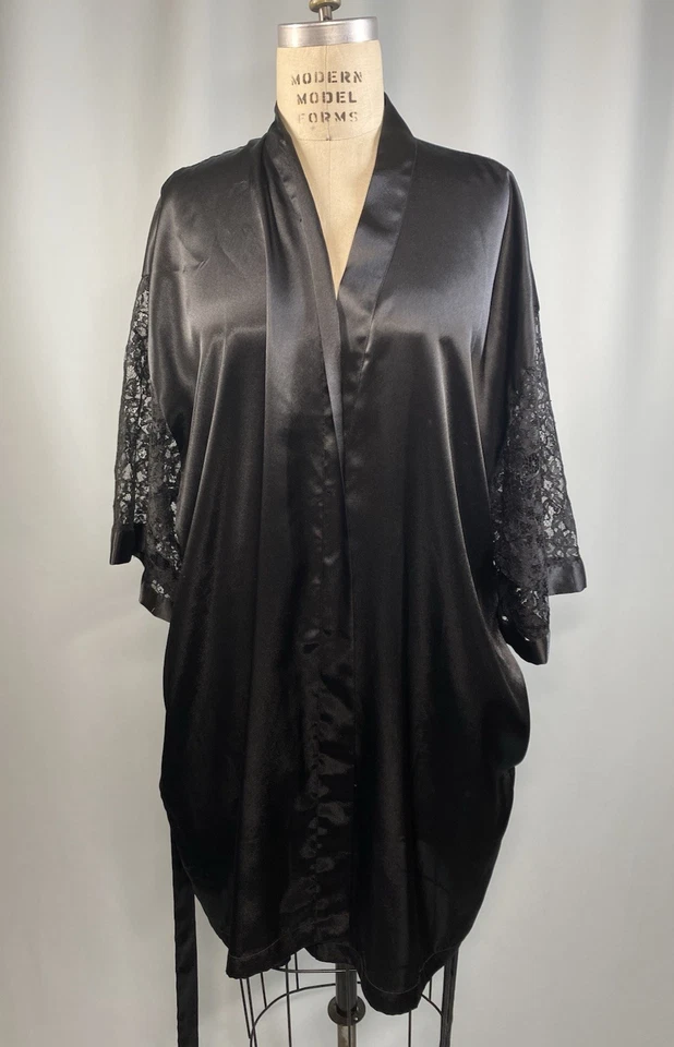 复古长袍细腻尺寸 L 黑色缎面蕾丝 80 年代 90 年代 Y2K 经典短款 — 第 2/4 张图片