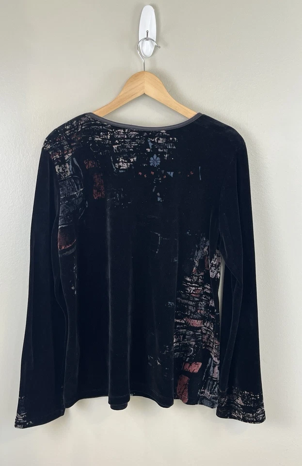 Katina Marie Women’s Vtg Black Velvet Long Sleeve Top Abstract Floral Sz XL USA - Image 4 of 4