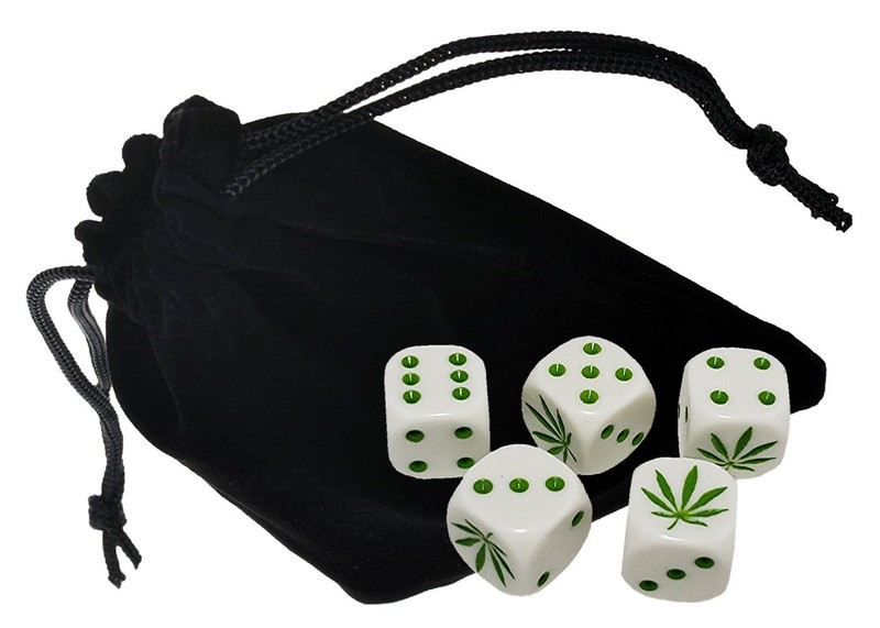 (5) 16mm D6 Marijuana Leaf Theme Dice White Green + Black Velvet Storage Pouch