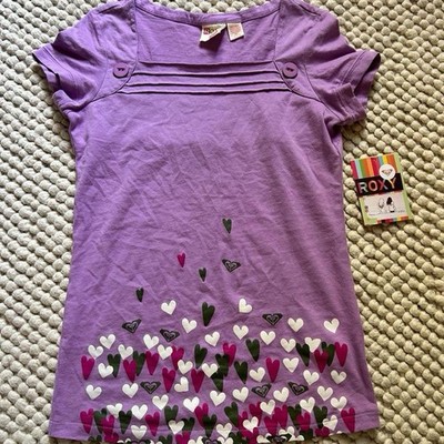 Roxy Girls Purple Hearts Knit Cotton Scoop Neck Short Sleeve T-Shirt Size M