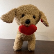 Valentine Puppy Dog Plush Holding Red Heart Curly Fur Stuffed Animal