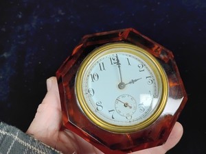 AMBER Glass PAPER WEIGHT DESK CLOCK w/ porcelain dial, works