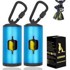 Metal Dog Poop Bag Holder 2-Pack w/Leash Clip 30 Bags - Blue