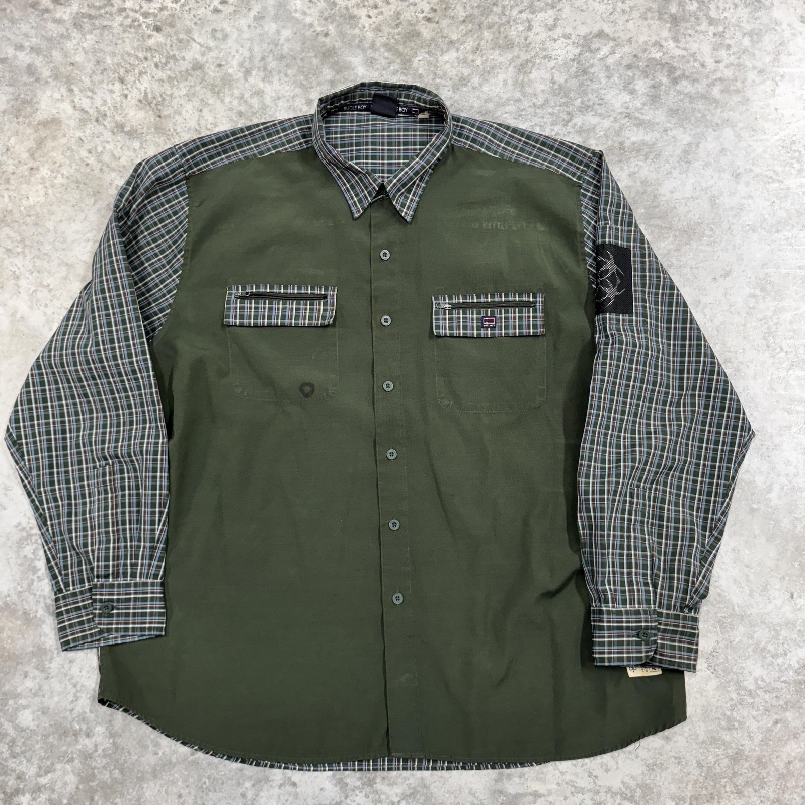 Bugle Boy Shirt Mens Extra Large Green Plaid Button Down Long Sleeve Zip Pocket