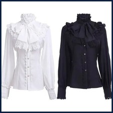 Womens Victorian Gothic Blouse Ruffled High Collar Long Sleeve Cosplay Top