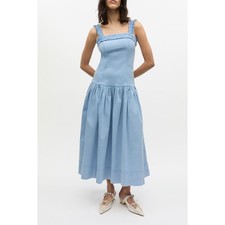 Ganni blue milkmaid washed stretch cotton corset midi dress size 6