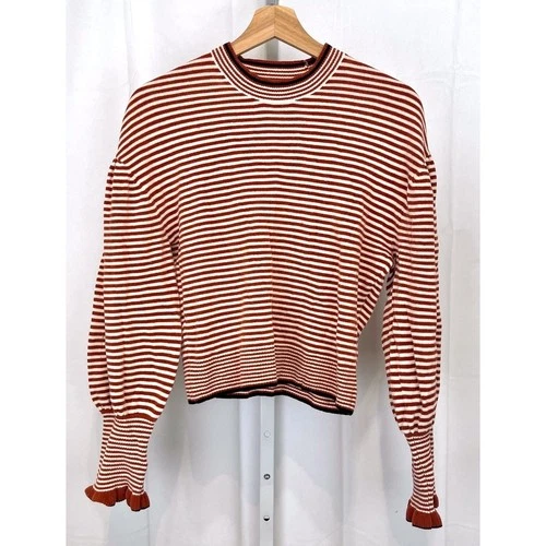 ULLA JOHNSON Lulu Gathered Striped Cotton Sweater Puff Long Sleeve Brick Cream S