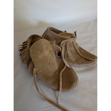 Vintage Apache Leather Tan Suede Fringe Moccasins earthing Lace Up Size 7