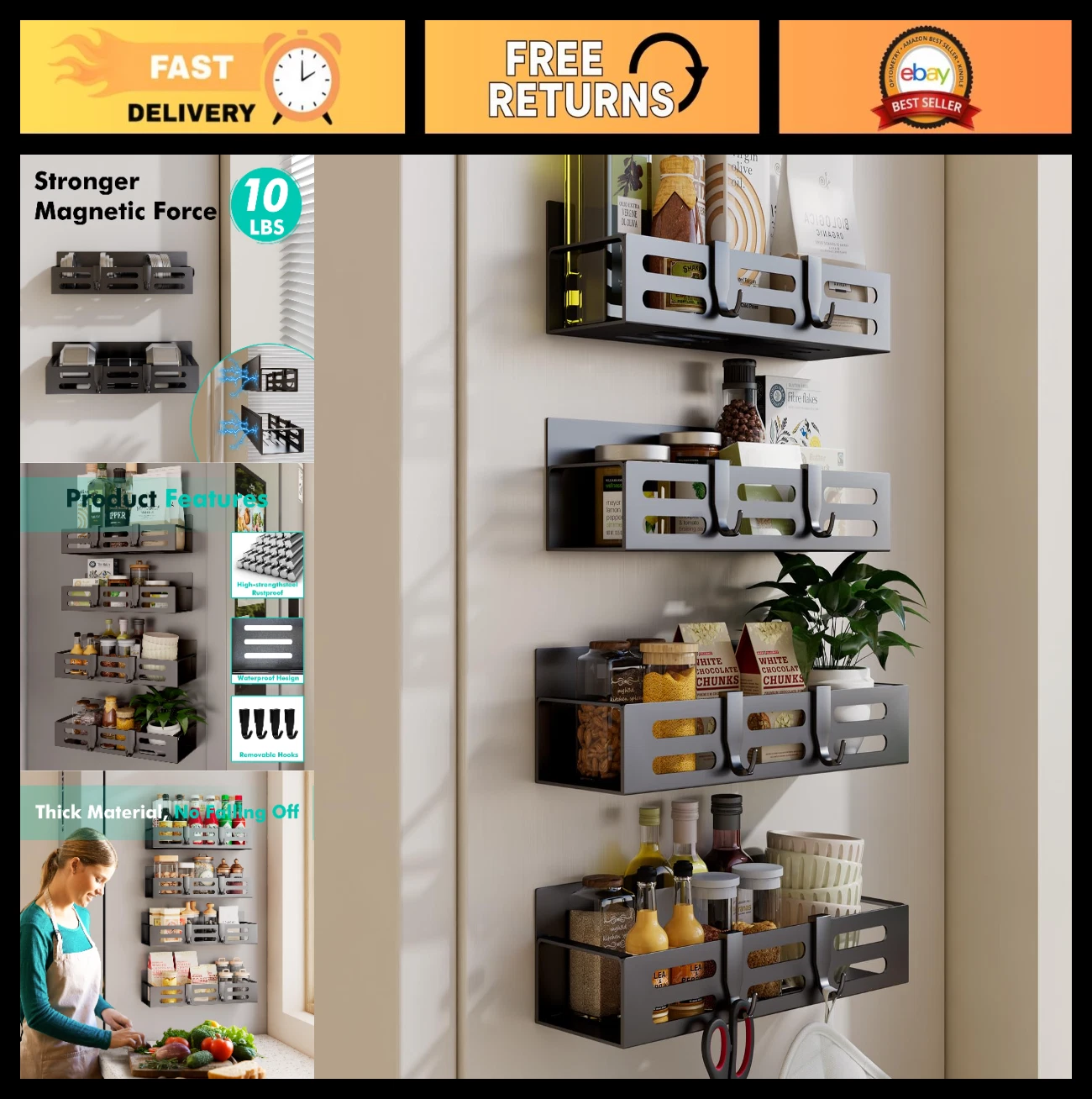 4 Pack Magnetic Spice Rack for Refrigerator - Black Kitchen Storage Organizers,