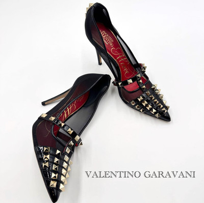 VALENTINO GARAVANI Women Mesh Patent Rockstud Pumps Leather Size 34 Black