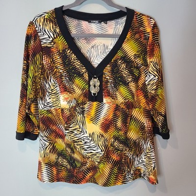 Vtg Y2K Top Liquid Knit Festival Gypsy Boho 90s Safari Art Plus Size 2X Colorful